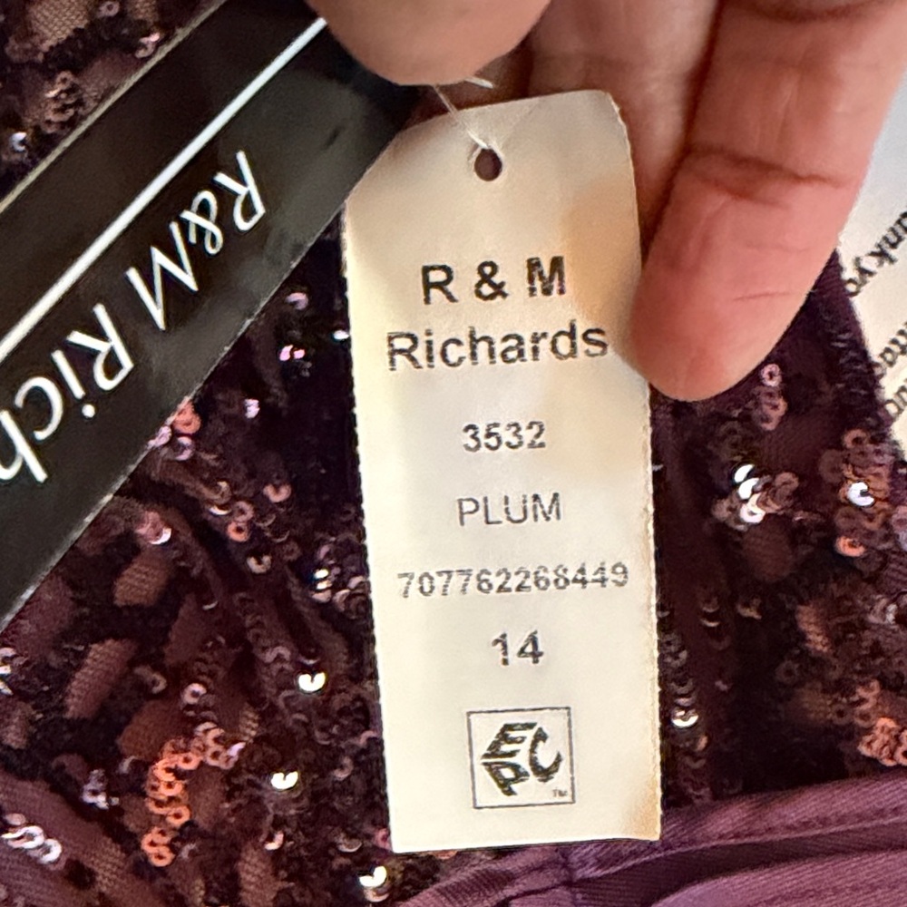 R&M Richards Plum Sequin Bodice Satin High-Low Gown with Sash - Picture 4 of 7